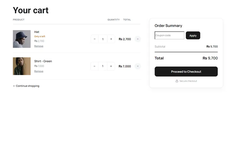 Ecom Studio cart page widget with quantity steppers, coupon field, order summary and checkout button
