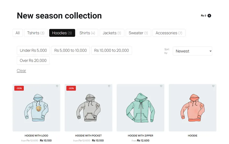 Ecom Studio category filter showing only hoodies after one click, without a page reload