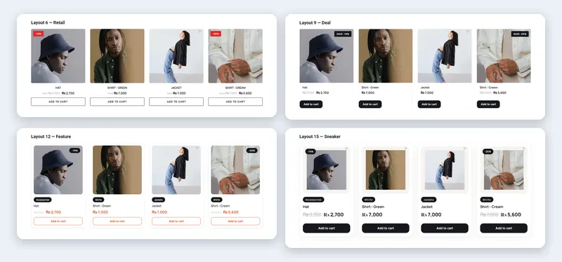 Four of the fifteen Ecom Studio card layouts: Retail, Deal, Feature and Sneaker