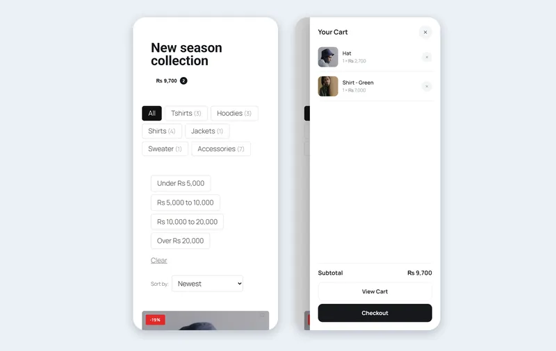 Ecom Studio shop and cart drawer on a phone screen