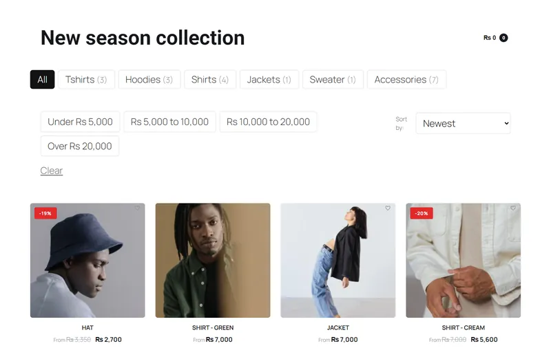 Ecom Studio product grid in Elementor with category filters, price ranges, sorting and sale badges