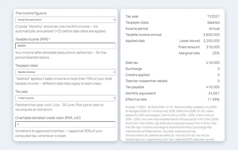 Finance Studio income tax calculator in WordPress showing tax payable for a salaried taxpayer in tax year 2027