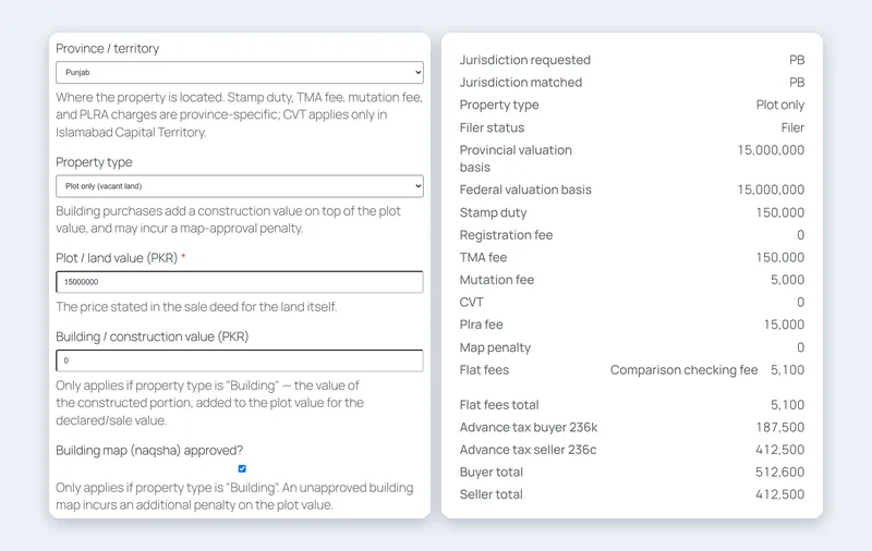 Finance Studio registry expense calculator for a Punjab plot with stamp duty, fees and advance tax
