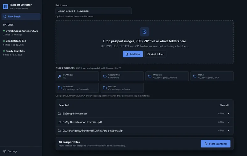 Passport Extractor new batch screen with folders, a PDF and a ZIP file added from USB and cloud folders