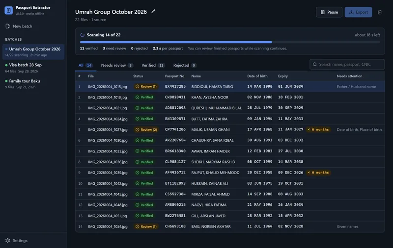 Passport Extractor scanning a batch of 22 passports with live progress and time left