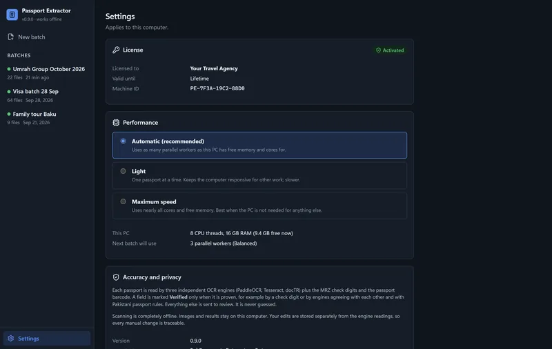 Passport Extractor settings with a lifetime license and automatic performance mode