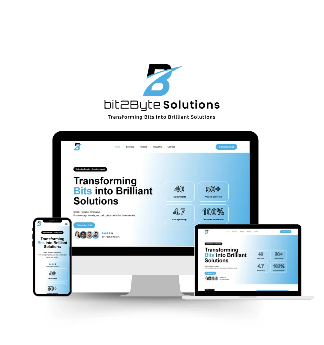 Bit2Byte Solutions website shown on desktop, laptop and phone