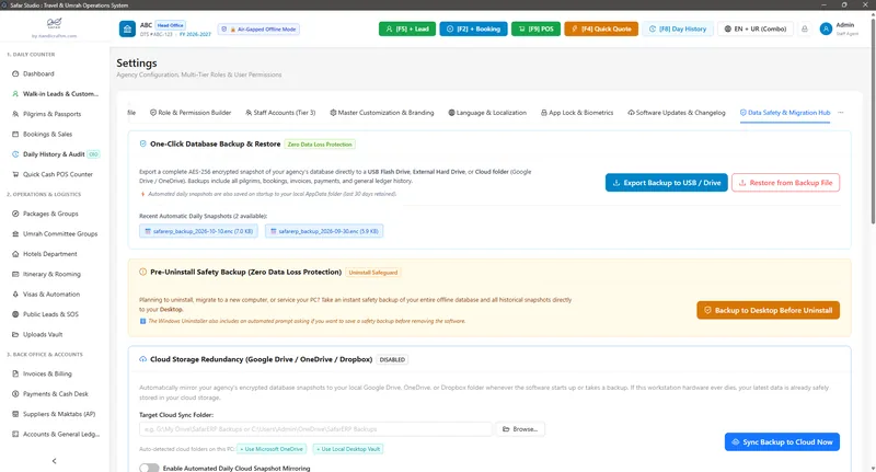 Safar Studio data safety hub with encrypted backups and cloud folder mirroring