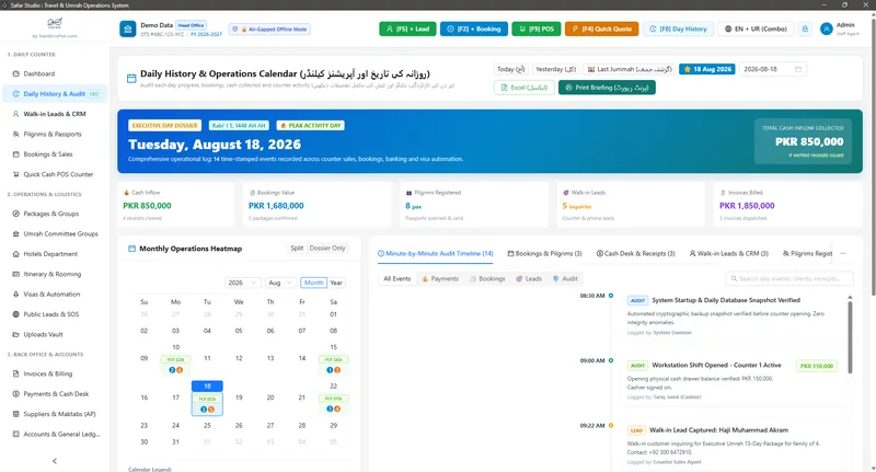 Safar Studio daily history and audit calendar with bookings, cash and leads