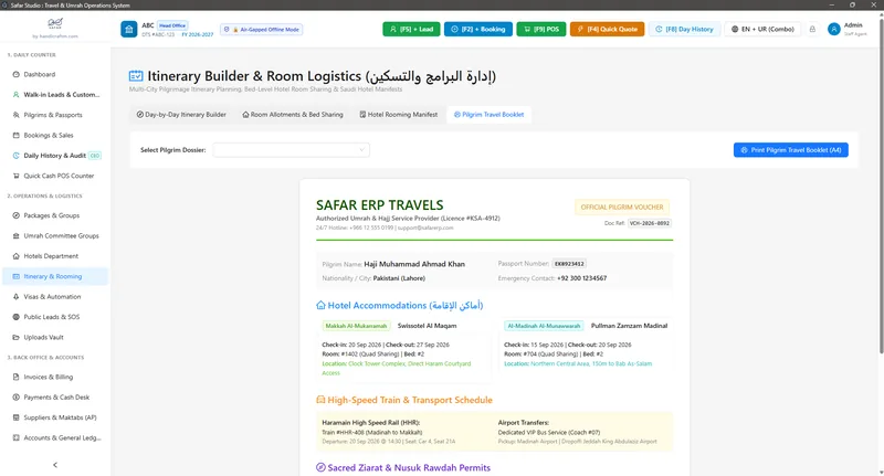Safar Studio itinerary builder with pilgrim travel voucher and room logistics