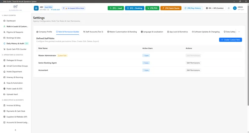 Safar Studio role and permission builder for agency staff