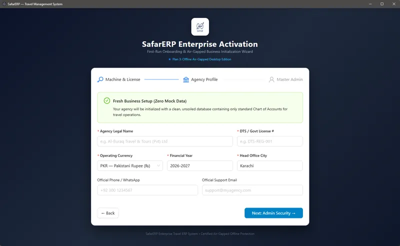 Safar Studio first-run setup wizard with agency profile and DTS license fields