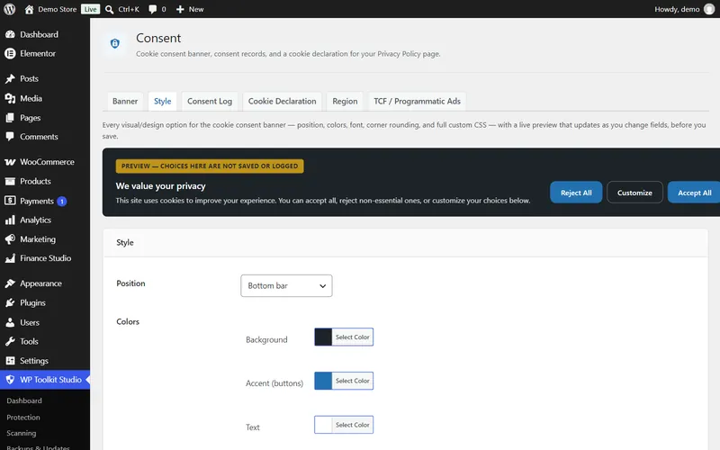 WP Toolkit Studio cookie consent style settings with a live preview of the banner