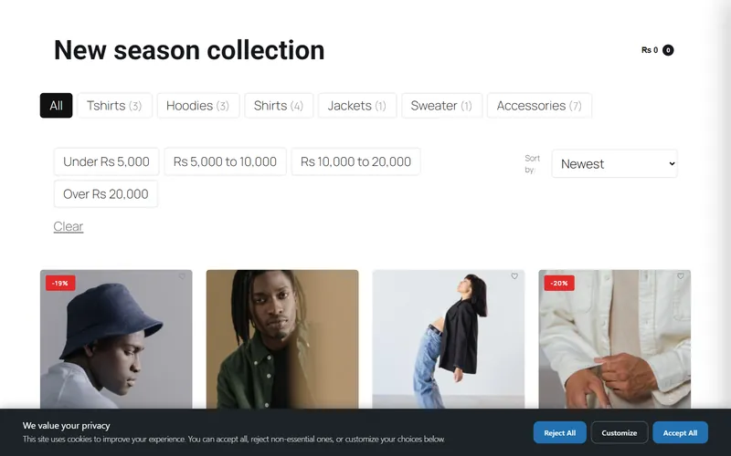 WP Toolkit Studio cookie consent banner on a WooCommerce store with reject, customize and accept buttons