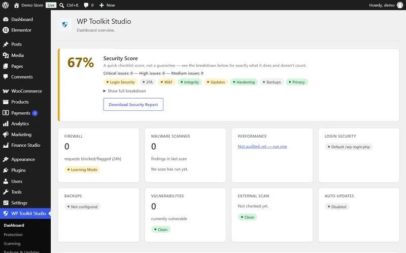 WP Toolkit Studio dashboard in WordPress with security score, firewall, malware scanner, backups and update status