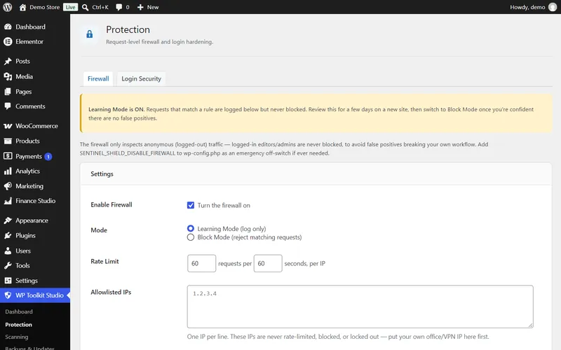 WP Toolkit Studio firewall settings with learning mode, rate limit and allowlisted IPs