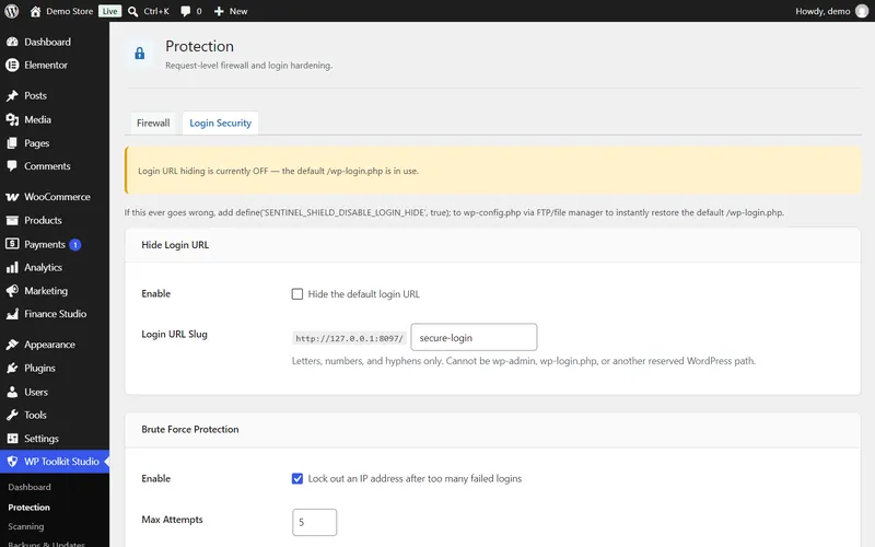 WP Toolkit Studio login security settings for hidden login URL and brute-force protection