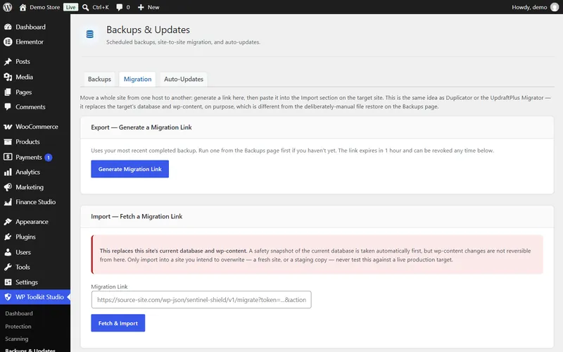 WP Toolkit Studio quick migration screen to generate a migration link and import it on the target site