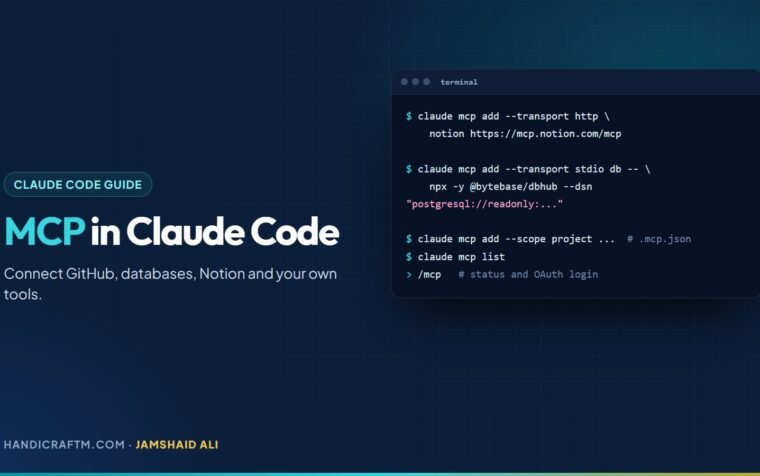 MCP in Claude Code share card with claude mcp add commands for GitHub, a database and Notion