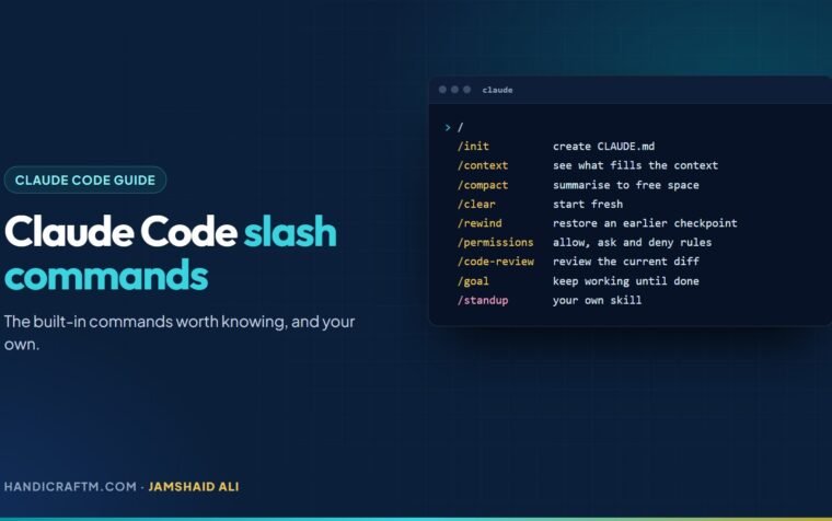Claude Code slash commands share card with a command menu listing init, context, compact and rewind