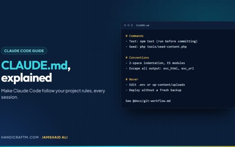 CLAUDE.md explained share card with a project instructions file open in an editor