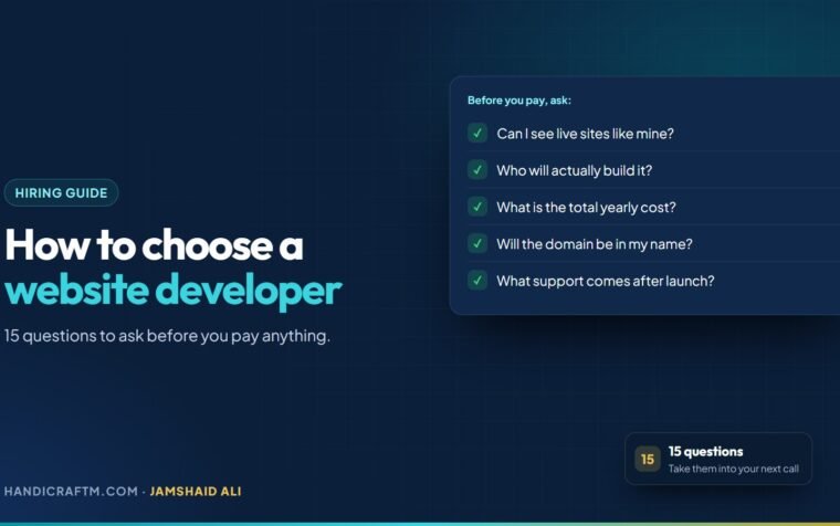How to choose a website developer share card with a checklist of questions to ask