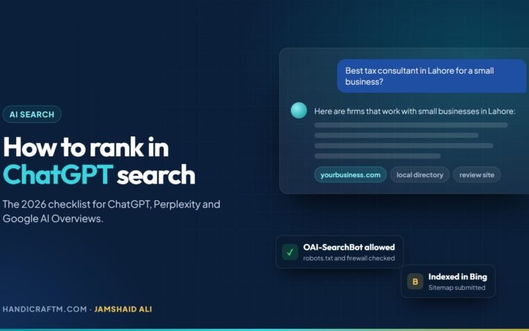 How to rank in ChatGPT search share card showing an AI answer that cites a business website