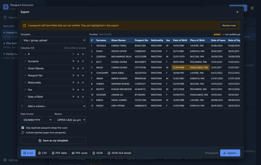 Passport Extractor export dialog with a visa upload template and amber cells for unverified fields