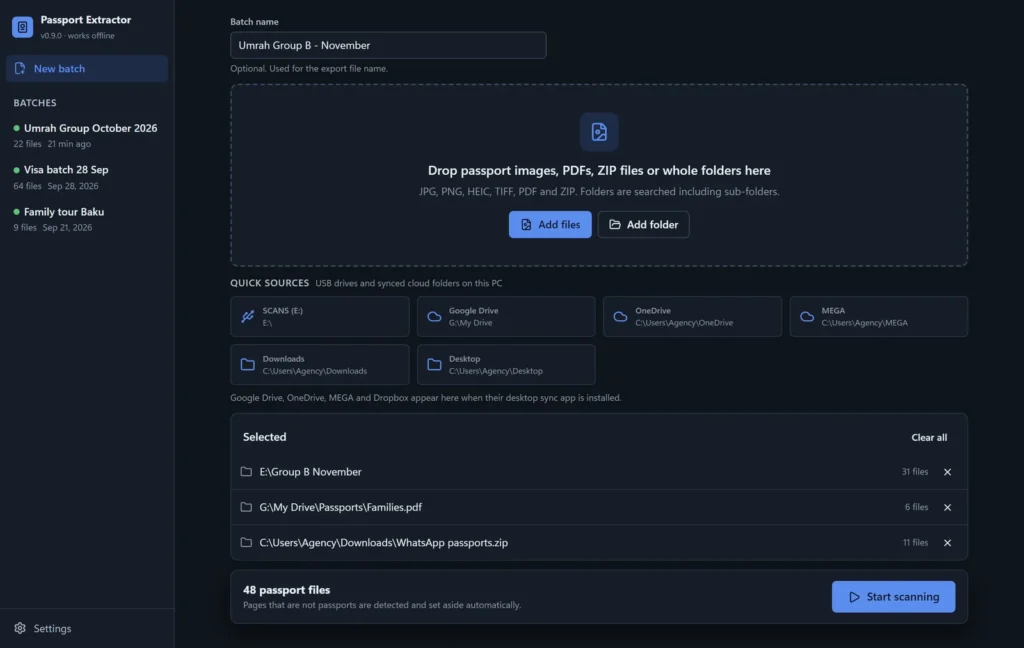 Passport Extractor new batch screen with passport folders, a PDF and a ZIP file added