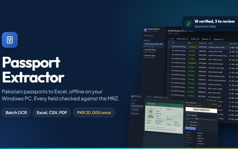 Passport Extractor results table and review screen with specimen passport data
