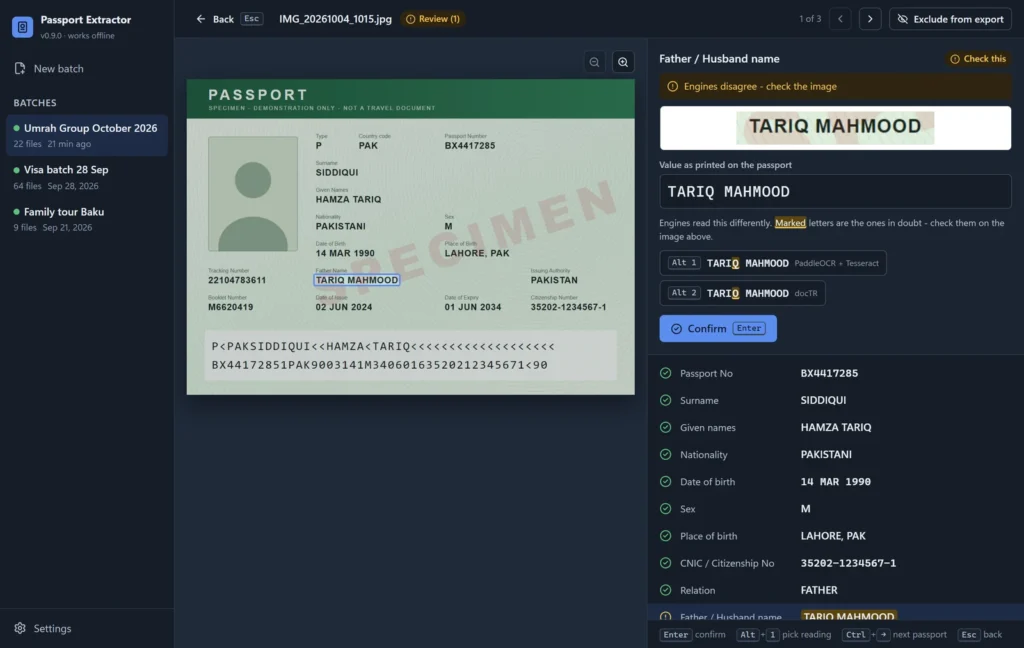 Passport Extractor review screen highlighting the father name field on a specimen passport