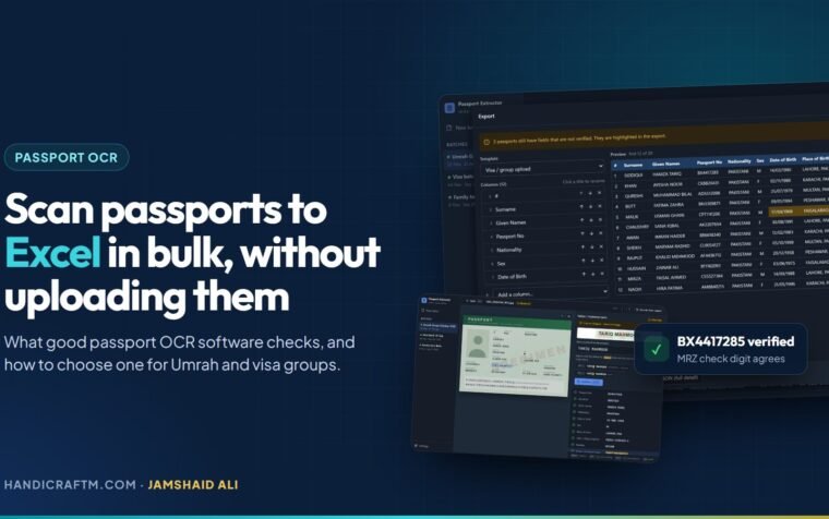 Passport OCR software exporting a group of specimen passports to an Excel template