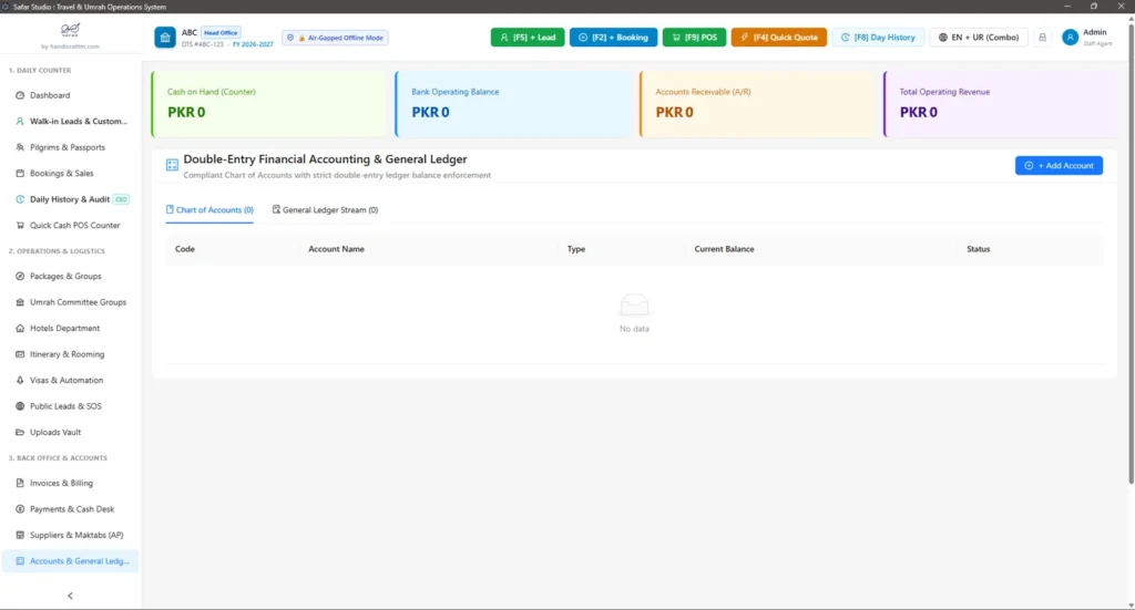 Safar Studio double-entry general ledger and chart of accounts for a travel agency