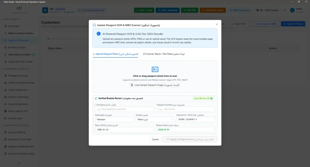 Safar Studio passport scanner reading the MRZ of a passport at the agency counter