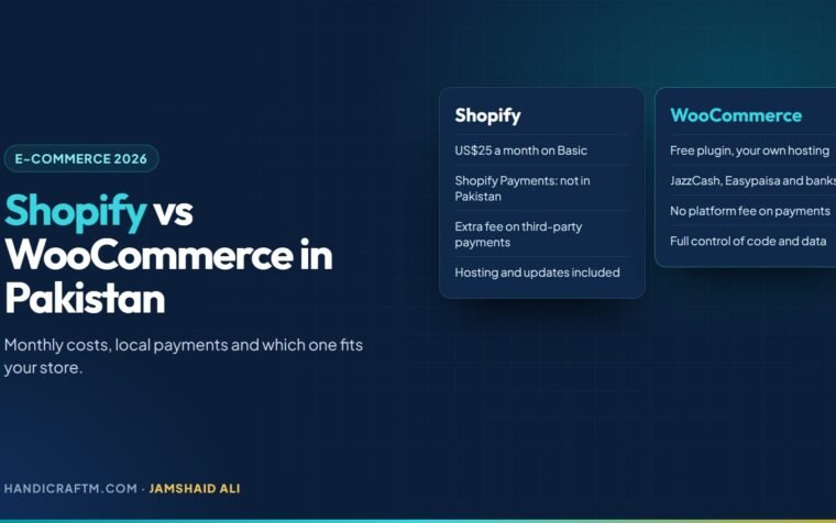 Shopify vs WooCommerce in Pakistan share card comparing cost and local payments
