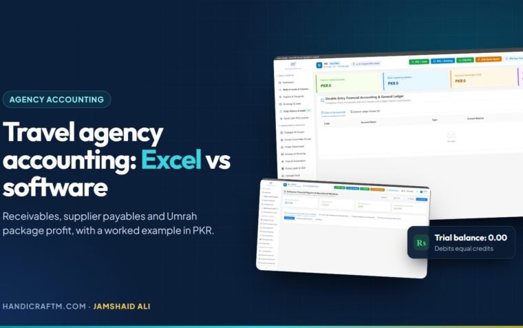 Travel agency accounting software showing a double-entry ledger and financial reports