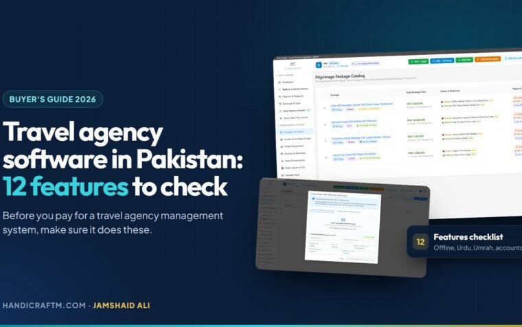 Travel agency software in Pakistan showing Umrah packages and a passport scanner