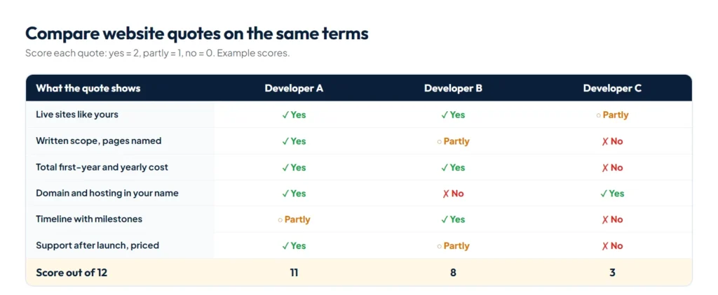 Scorecard for comparing three website developer quotes on portfolio, scope, total cost, ownership, timeline and support